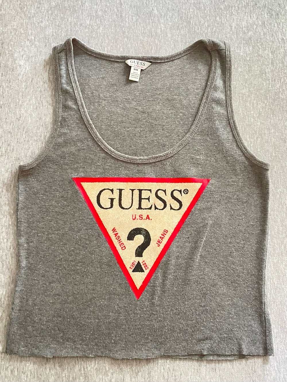 GUESS Size Medium Gray Logo Triangle Crop Tank Top